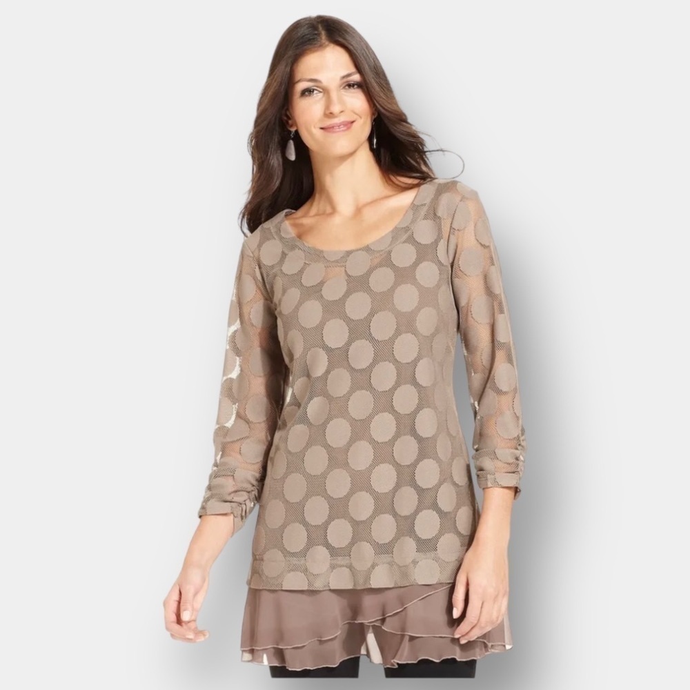 NEW Polka Dot Ruffle Tunic Brown Long Sleeve Brown Size Large